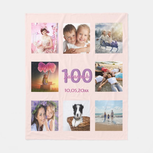 100. Geburtstag blush Rose Goldname Foto Collage Fleecedecke (Vorderseite)