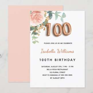 100. Geburtstag Blütenblättrige Rose Eukalyptus Bl Einladung