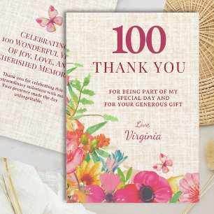 100. Geburtstag Bold Floral Linen Dankeskarten Dankeskarte
