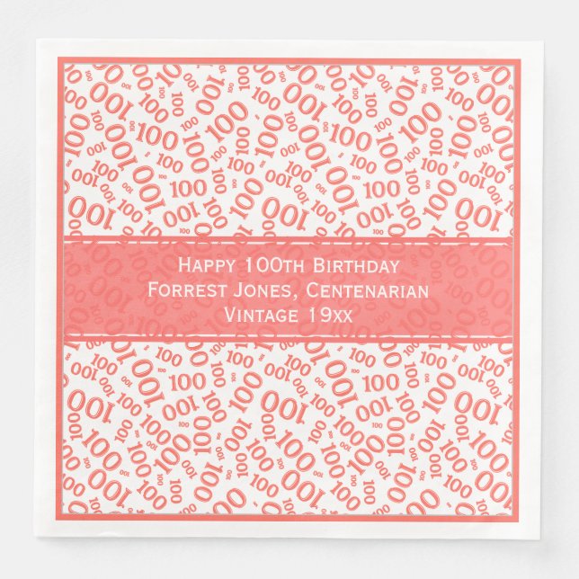 100. Geburtstag Cooles Zahlenmuster Korallen/Weiß Serviette (Vorderseite)