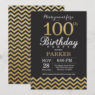 100. Geburtstag Einladung Black and Gold Glitzer
