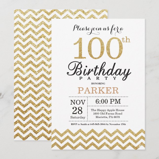 100. Geburtstag Einladung Gold Glitzer (Vorne/Hinten)
