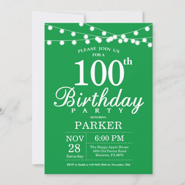100. Geburtstag Einladung Grün (Vorderseite)