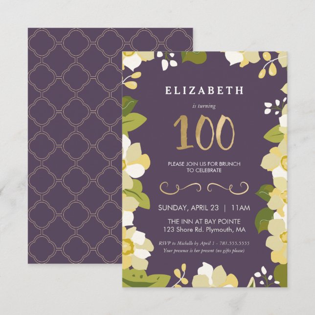 100. Geburtstag Einladung individuell Floral mit G (Vorne/Hinten)