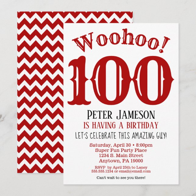 100. Geburtstag Einladung Mens Red Black (Vorne/Hinten)
