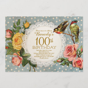 100. Geburtstag Einladung Rose Blumenvögel Blaue B