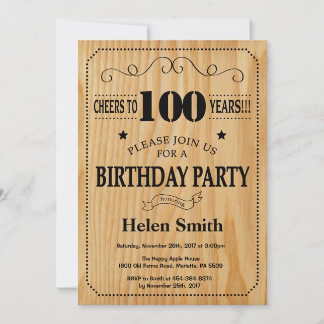 100. Geburtstag Einladung Rustikales Holz (Vorderseite)
