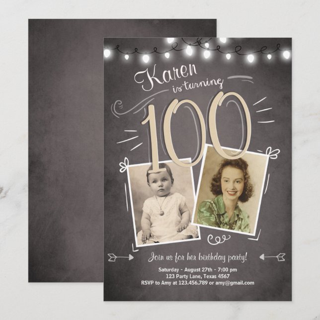 100. Geburtstag Einladung Vintagen Hundert Geburts (Vorne/Hinten)