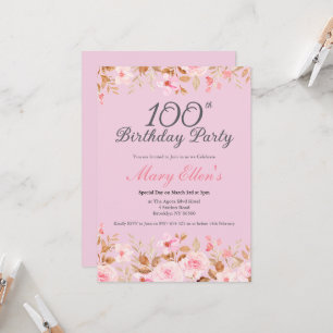 100. Geburtstag Elegante feminine rosa florale Par Einladung