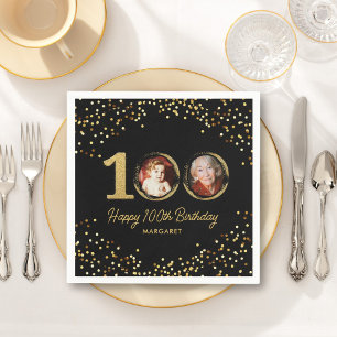 100. Geburtstag Foto Eleganter Schwarzer Glitzer Serviette