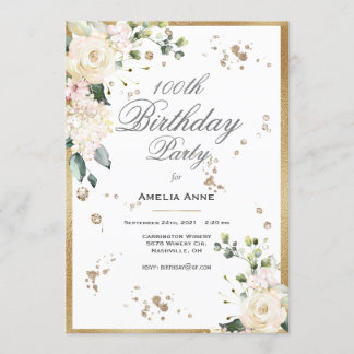 100. Geburtstag Gold Aquarell Floral Einladung