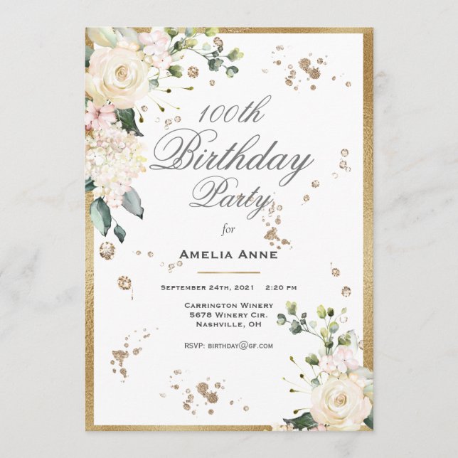 100. Geburtstag Gold Aquarell Floral Einladung (Vorderseite)
