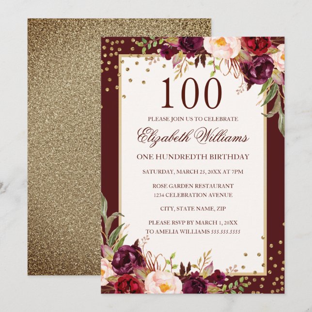 100. Geburtstag Gold Burgundy Blumenladen Einladung (Vorne/Hinten)