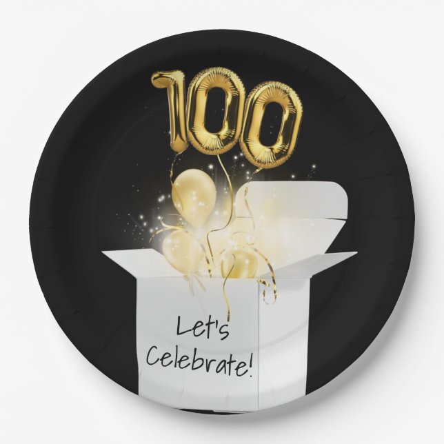 100. Geburtstag Goldballons in weißer Box Pappteller (Vorderseite)