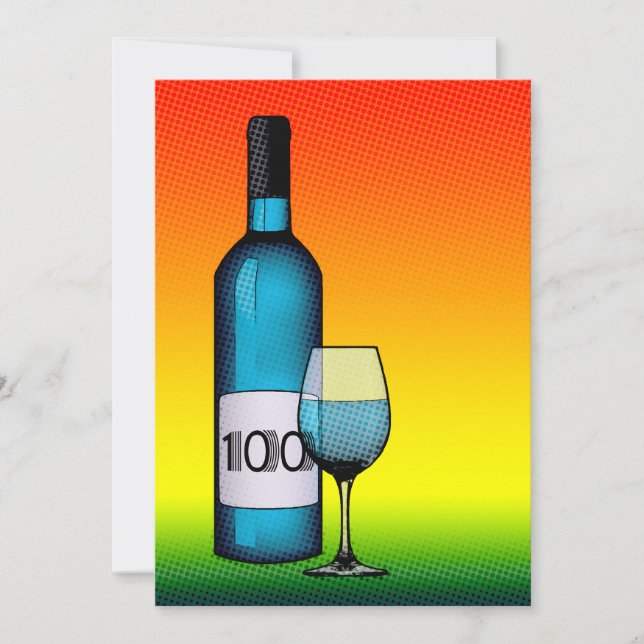 100. Geburtstag : halftone Weinflasche & Glas Einladung (Vorderseite)