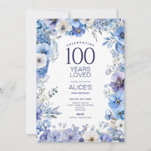 100. Geburtstag, Lila & blau, Blume, Meilenstein Einladung