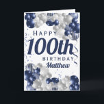 100. Geburtstag Marineballons Karte<br><div class="desc">Eine wunderschöne Marine und Silberballon glückliche 100. (oder jedes Alter) Geburtstagskarte. Dieses fabelhafte Design ist der perfekte Weg,  um jemandem einen glücklichen hundertsten Geburtstag zu wünschen (oder das Alter zu verändern!) Persönlich mit unserem eigenen individuelle Name und unserer Botschaft zu gestalten. Blaue Typografie und wunderschöne marineblaue und silberne Ballons.</div>