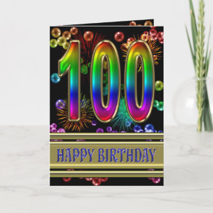 100. Geburtstag mit Regenbogenblasen und Feuerwerk Karte