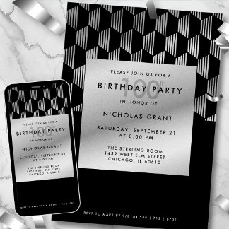 100. Geburtstag Modern Schwarz Faux Silberfolie Einladung