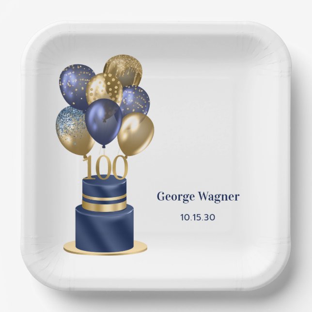 100. Geburtstag Navy Blue Balloon Cake Pappteller (Vorderseite)