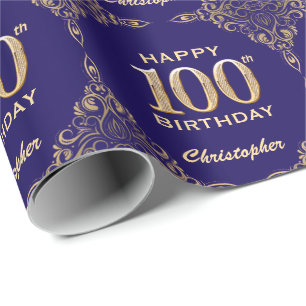 100. Geburtstag Navy Blue und Gold Glitzer Frame Geschenkpapier