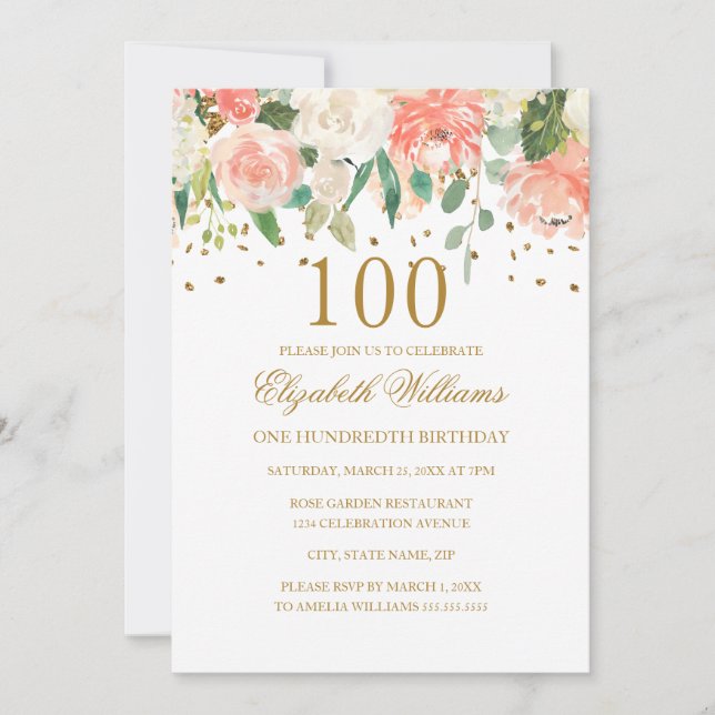 100. Geburtstag Peach Gold Floral Einladung (Vorderseite)