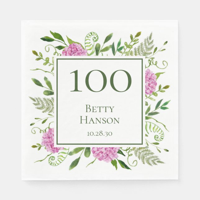 100. Geburtstag Pink Hydrangeas Serviette (Vorderseite)