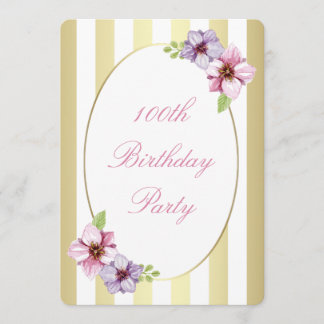 100. Geburtstag Pink Lilac Floral White Gold Strei Einladung