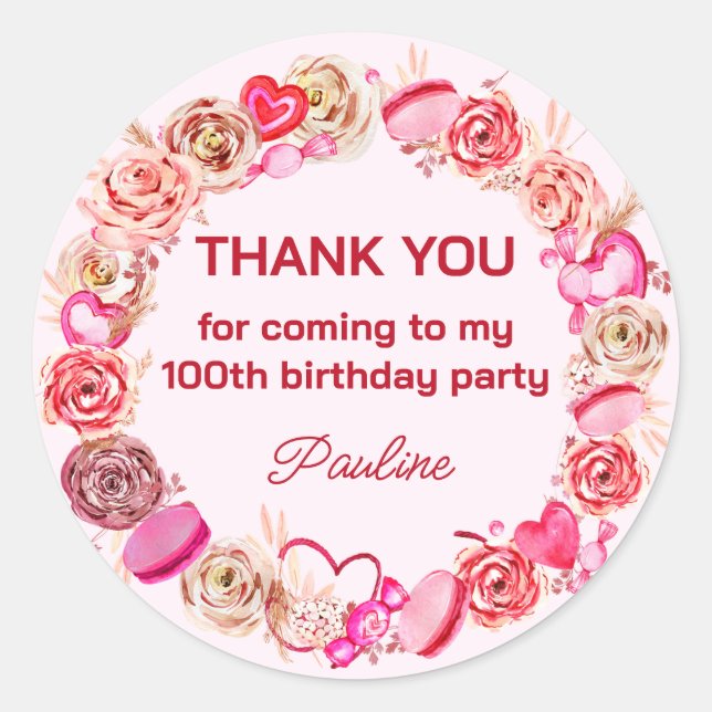 100. Geburtstag Pink Roses Wirbles Herz Runder Aufkleber (Vorderseite)