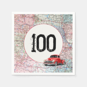 100. Geburtstag Red Retro Truck auf der Roadmap Serviette