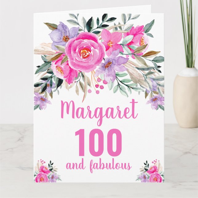 100. Geburtstag rosa Aquarellblüte Karte (Vorderseite)