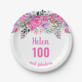 100. Geburtstag rosa Aquarellblüte Pappteller