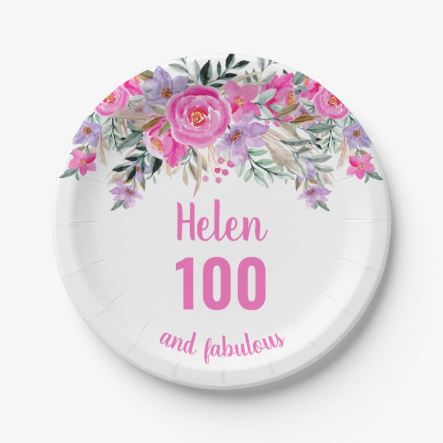 100. Geburtstag rosa Aquarellblüte Pappteller (Vorderseite)