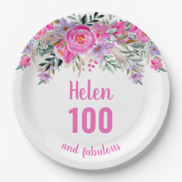 100. Geburtstag rosa Aquarellblüte Pappteller