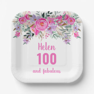 100. Geburtstag rosa Aquarellblüte Pappteller