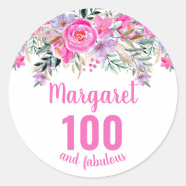 100. Geburtstag rosa Aquarellblüte Runder Aufkleber