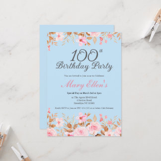 100. Geburtstag Rosa Blume Elegante Florale Weibli Einladung