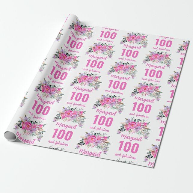 100. Geburtstag rosa Blüte Geschenkpapier (Ungerollt)