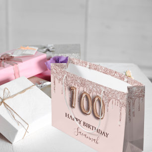 100. Geburtstag Rosa Glitzer Tropfen Rose Gold Große Geschenktüte