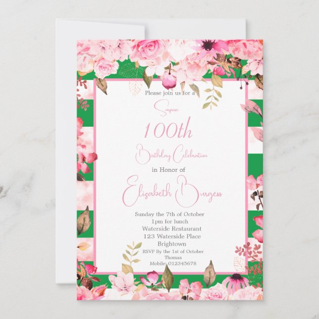 100. Geburtstag Rose Blumenmuster Rosa Streifen Einladung (Vorderseite)