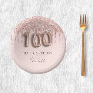 100. Geburtstag Rose Gold Glitzer Tropfen rosa Pappteller