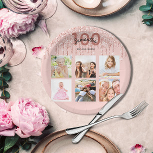 100. Geburtstag Rose Goldblush Glitzer Foto Pappteller