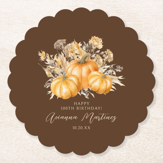 100. Geburtstag Rustic Boho Pumpkin Fall Custom Untersetzer (Vorderseite)