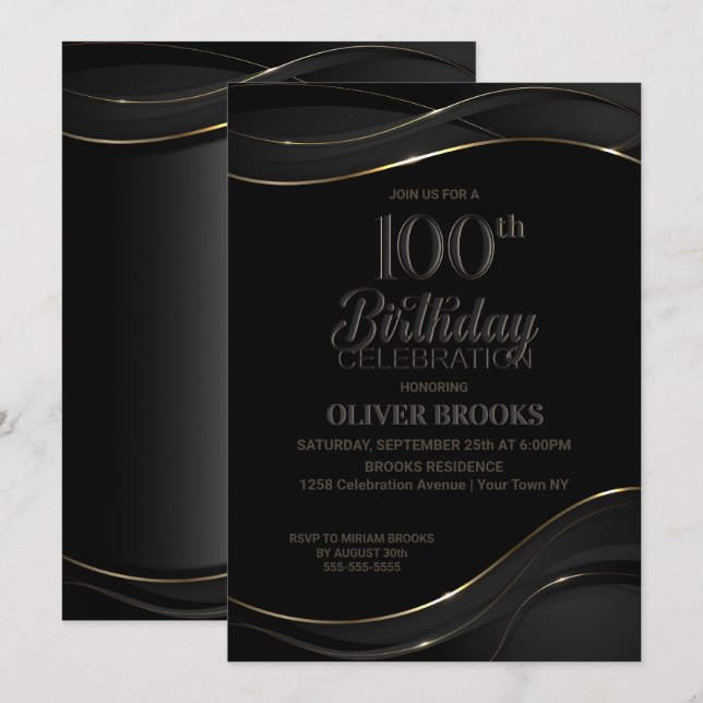 100. Geburtstag Schwarzes Grau-Party Einladung (Vorne/Hinten)