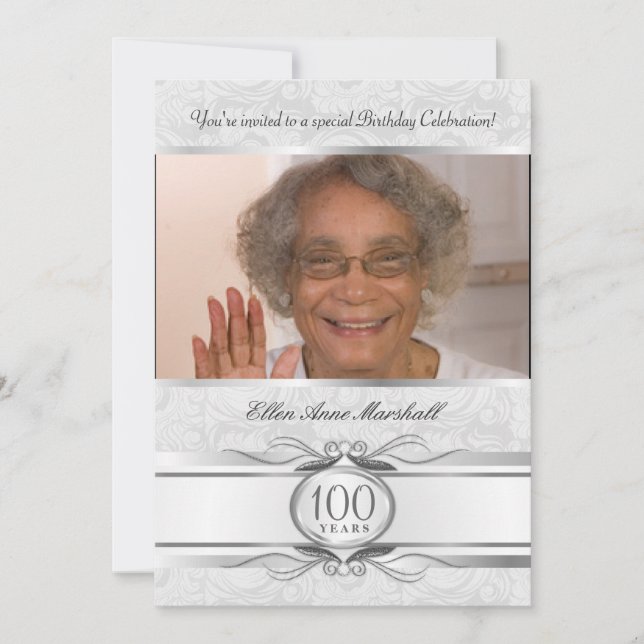100. Geburtstag - Silver Damask Foto Einladung (Vorderseite)
