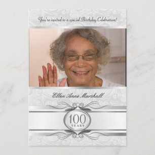 100. Geburtstag - Silver Damask Foto Einladung