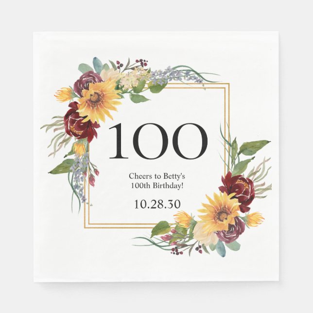 100. Geburtstag Sonnenblumen Serviette (Vorderseite)