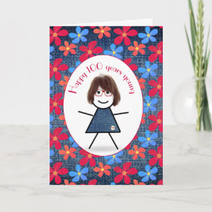 100. Geburtstag Stick Girl und Gänseblümchen auf D Karte