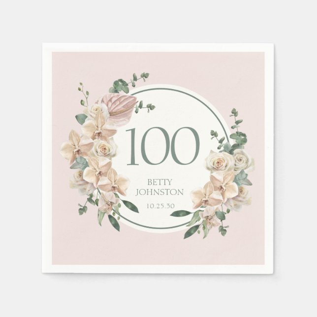 100. Geburtstag tropische Flora Serviette (Vorderseite)
