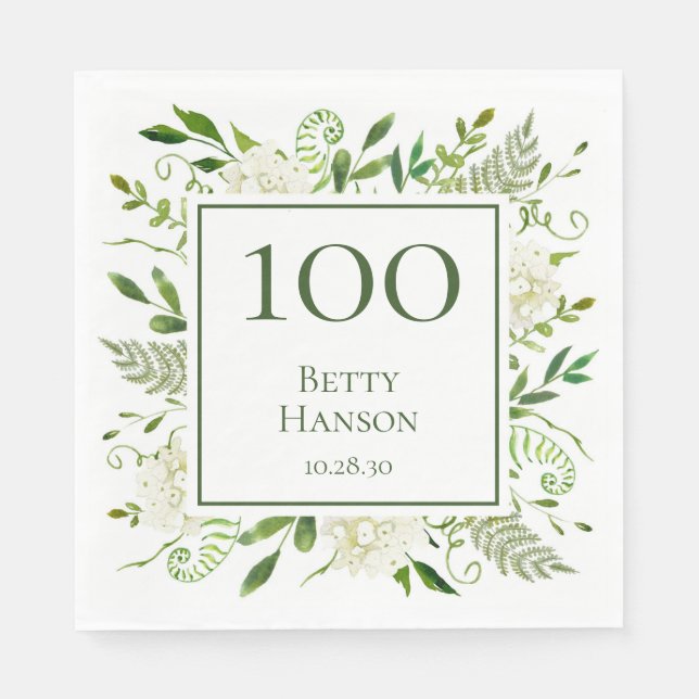 100. Geburtstag Weißer Hydrangeas Serviette (Vorderseite)